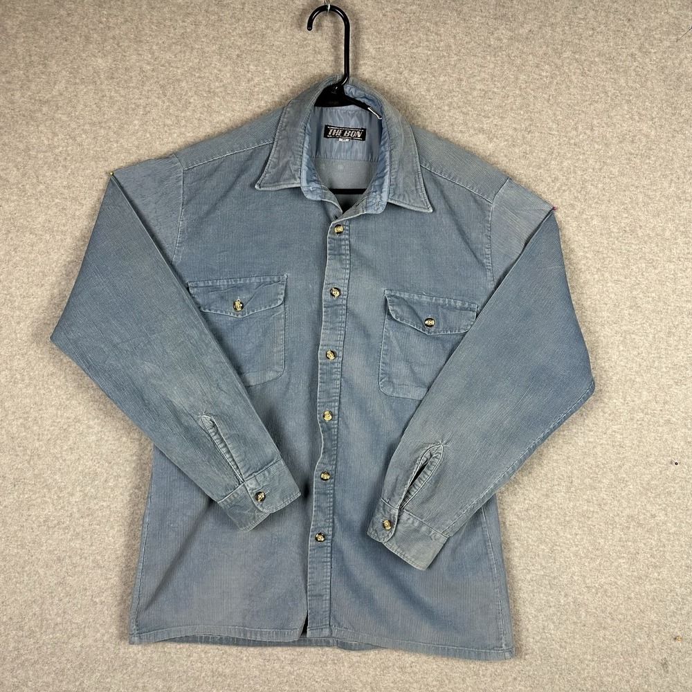 The Bon Vtg Mens Corduroy Button Down Shirt Slate Blue‎ Long Sleeve Medium